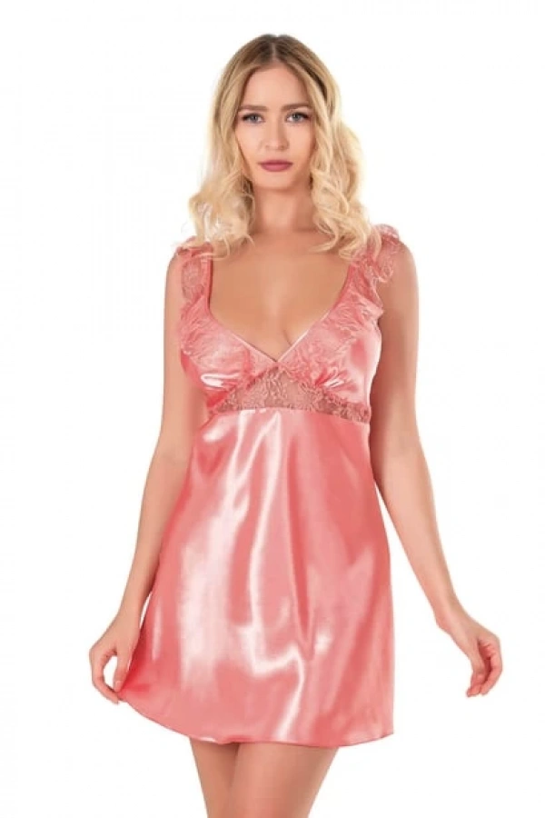 Primoda Mercan Rengi Saten Kumaş Dantel Detaylı Kısa Gecelik