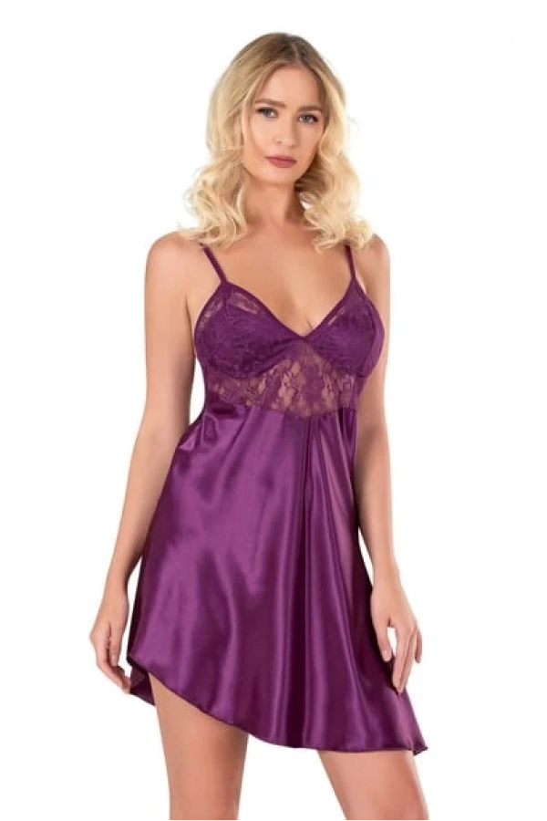 Primoda Mor Saten Kumaş Tül Detaylı Kısa Gecelik
