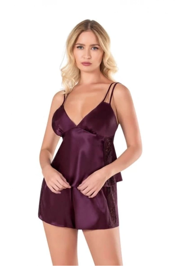 Primoda Mürdüm Saten Kumaş İnce Askılı Babydoll Şort Takımı
