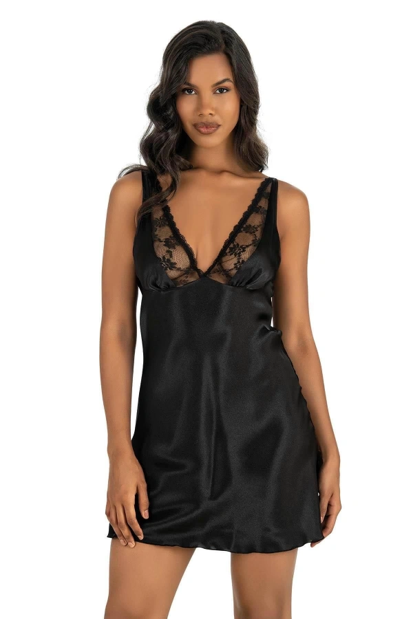 AHU Primoda Göğsü DanteL Detaylı Siyah Kısa Saten Gecelik 8205