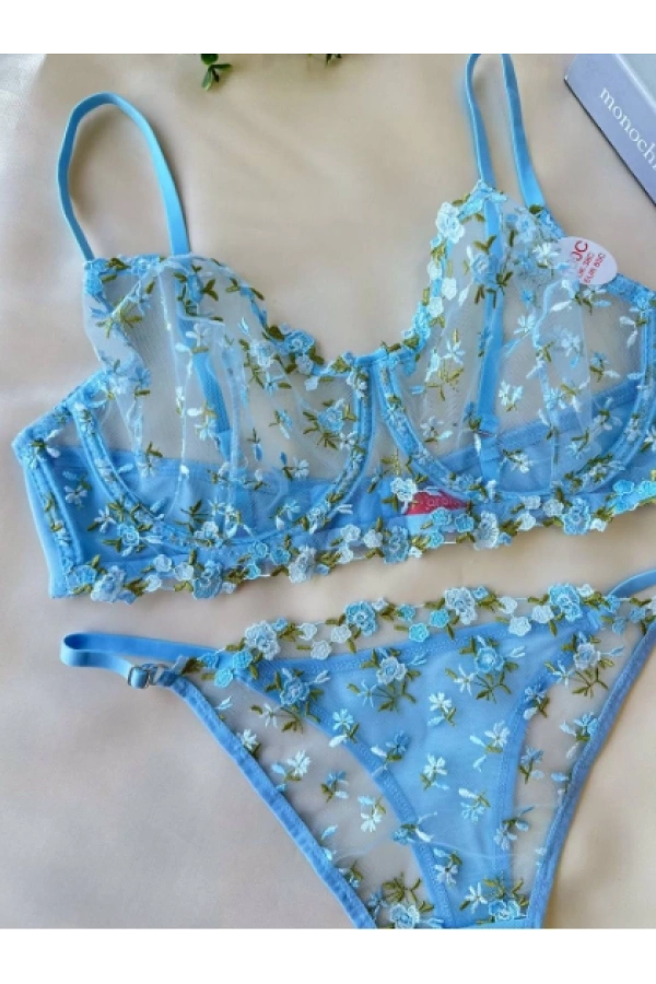 Arona Kadın Transparan C Cup Balenli Çiçek Desenli Mavi Sütyen Takımı - 137