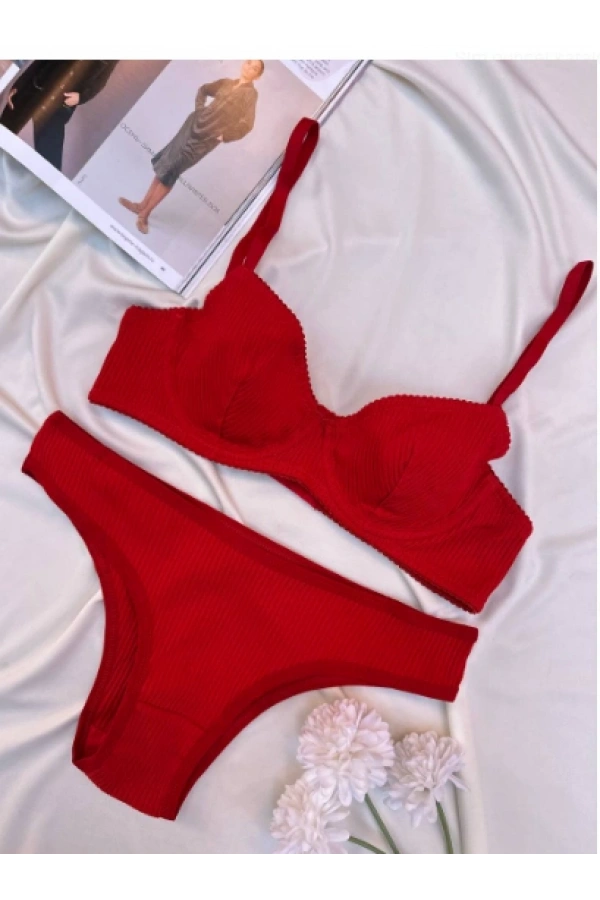 Arona Kadın Balenli Fitilli Kaşkorse Kırmızı Sütyen Takımı