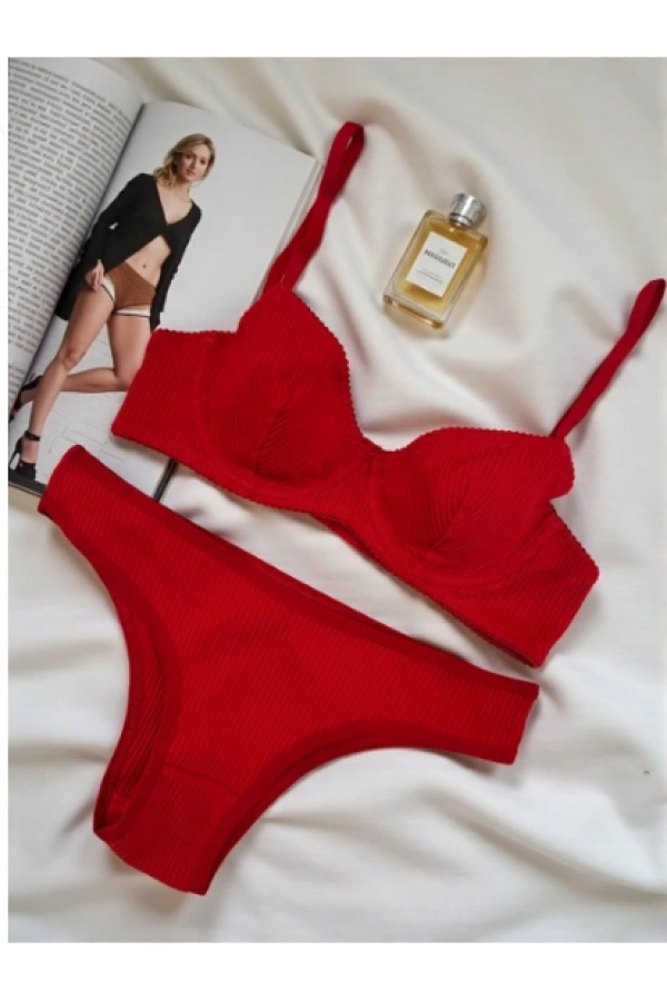 Arona Kadın Balenli Fitilli Kaşkorse Kırmızı Sütyen Takımı