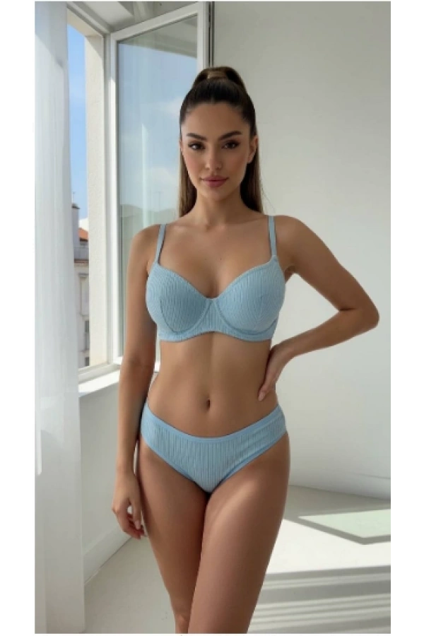 Arona Kadın Balenli Fitilli Kaşkorse Mavi Sütyen Takımı