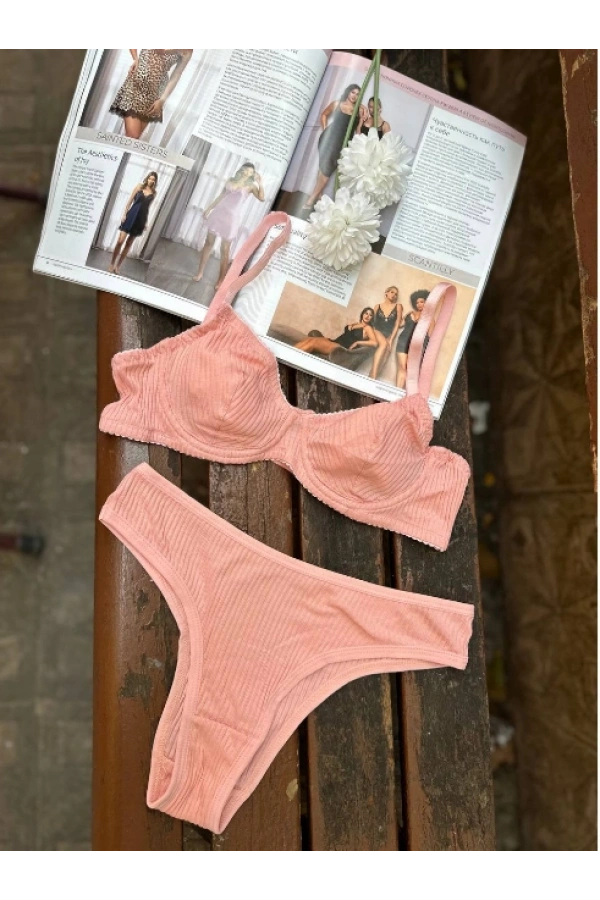 Arona Kadın Balenli Fitilli Kaşkorse Pudra Sütyen Takımı