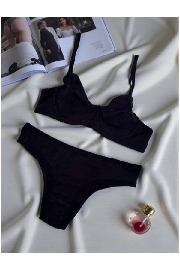 Arona Kadın Balenli Fitilli Kaşkorse Siyah Sütyen Takımı