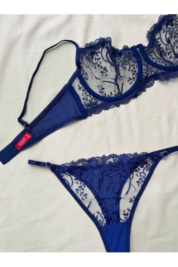 Arona Kadın C Cup Balenli Çiçek Desenli Lacivert Sütyen Takımı - 136