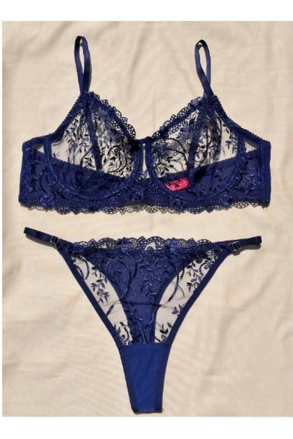 Arona Kadın C Cup Balenli Çiçek Desenli Lacivert Sütyen Takımı - 136