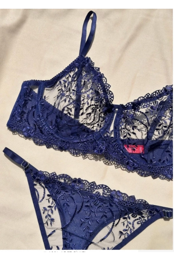 Arona Kadın C Cup Balenli Çiçek Desenli Lacivert Sütyen Takımı - 136
