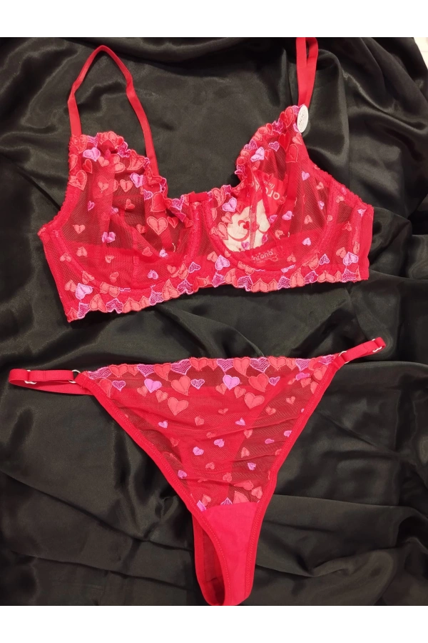 ARONA C CUP BALENLİ KALP DESENLİ KIRMIZI SÜTYEN TAKIMI