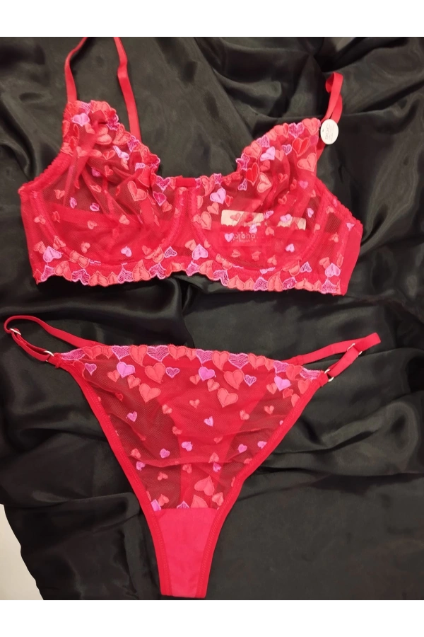 ARONA C CUP BALENLİ KALP DESENLİ KIRMIZI SÜTYEN TAKIMI