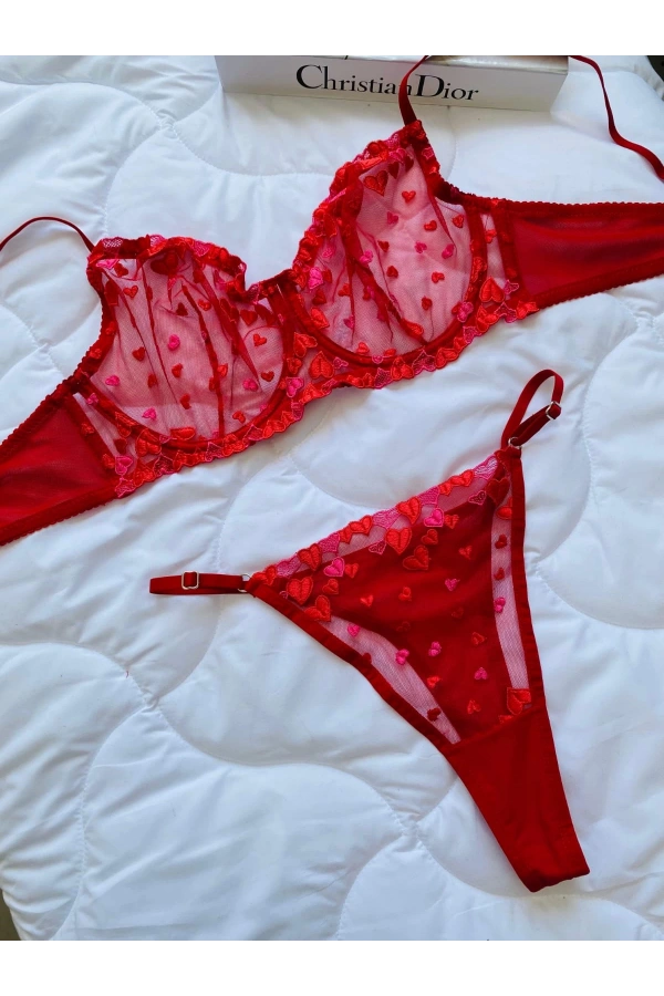 ARONA C CUP BALENLİ KALP DESENLİ KIRMIZI SÜTYEN TAKIMI