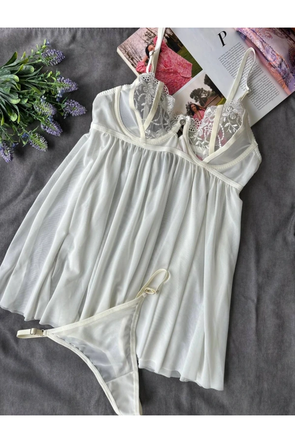 Arona Kadın Çiçek Desenli Brode Gecelik Takımı Ekru