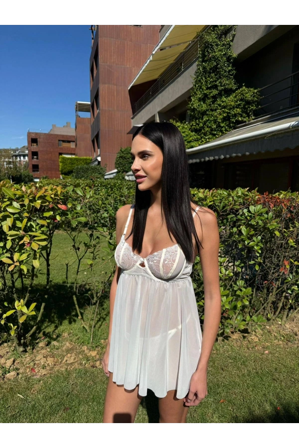 Arona Kadın Çiçek Desenli Brode Gecelik Takımı Ekru