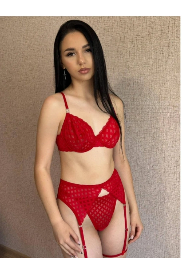 Arona Kadın 3 Parça Dantelli Jartiyer Takımı - Kırmızı