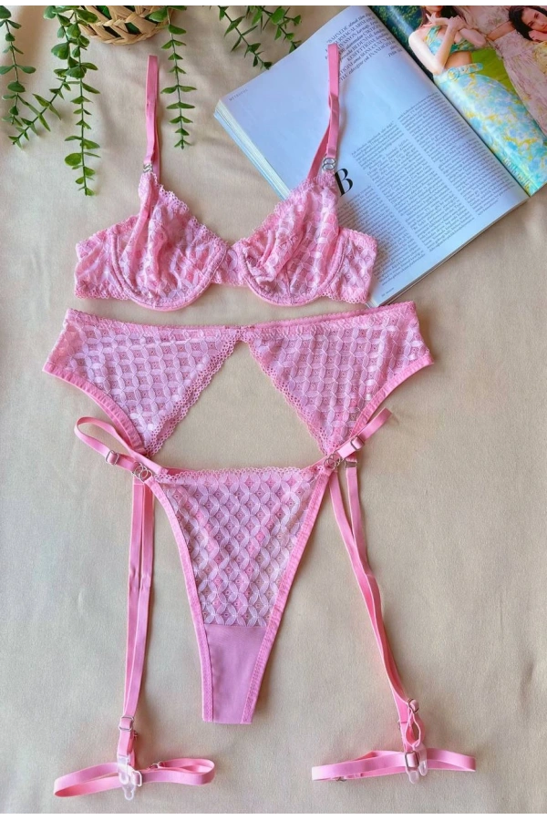 Arona Kadın 3 Parça Dantelli Jartiyer Takımı - Pudra