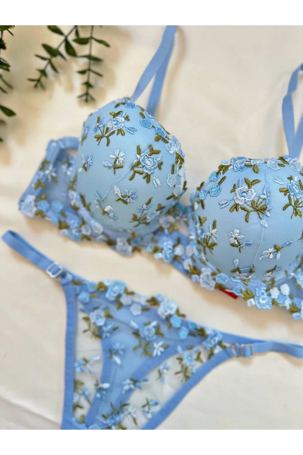 Arona Destekli Brode (Nakışlı) Mavi Sütyen Takımı