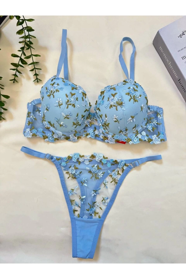 Arona Destekli Brode (Nakışlı) Mavi Sütyen Takımı
