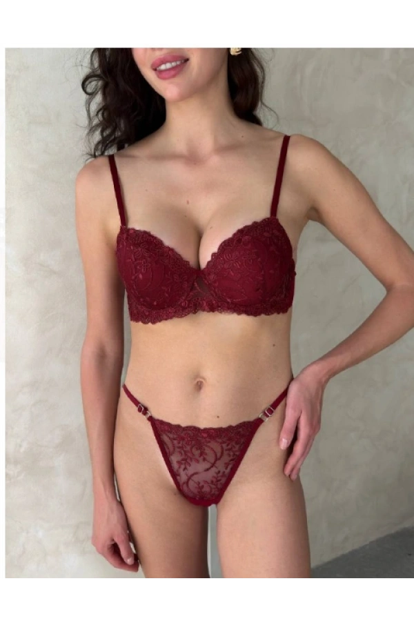 Arona Kadın Dolgusuz Balenli Brode Desenli Tanga Sütyen Takımı Bordo