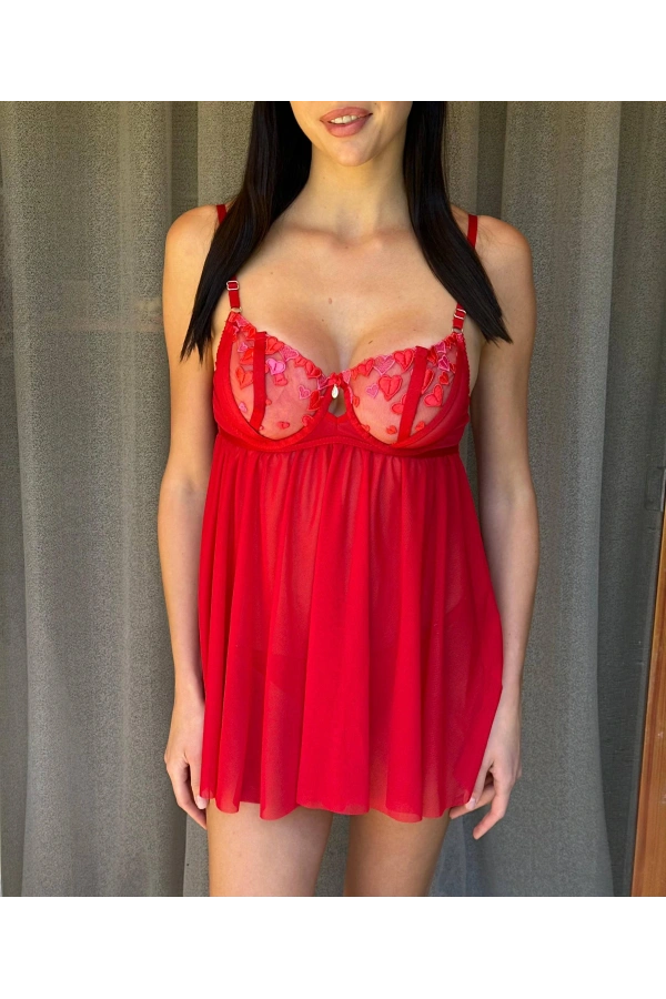 Arona Kadın Kalp Desenli Brode Gecelik Takımı Kırmızı