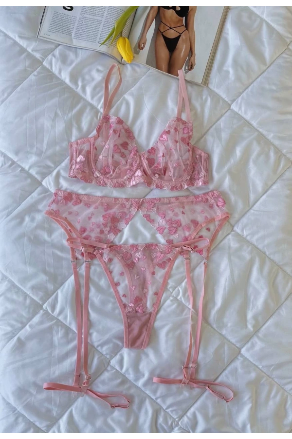 Arona Kadın Brode Kalp Desenli Şık Pembe Jartiyer Takımı - 281