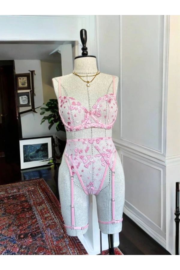 Arona Kadın Brode Kalp Desenli Şık Pembe Jartiyer Takımı - 281