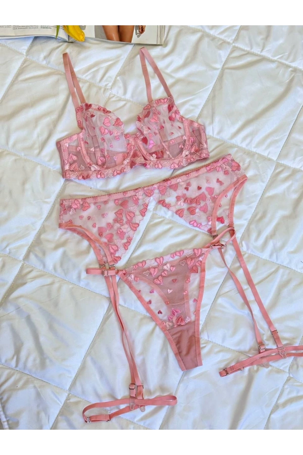 Arona Kadın Brode Kalp Desenli Şık Pembe Jartiyer Takımı - 281