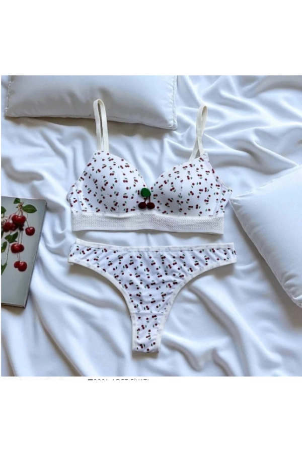 ARONA Kiraz Desenli Desteksiz Sütyen Takımı-Beyaz
