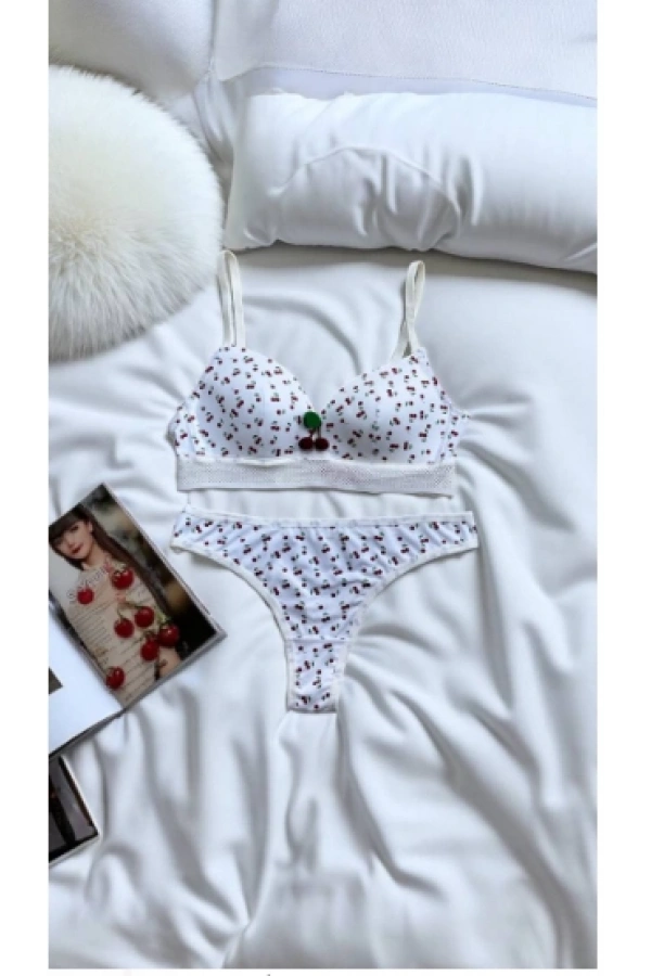ARONA Kiraz Desenli Desteksiz Sütyen Takımı-Beyaz