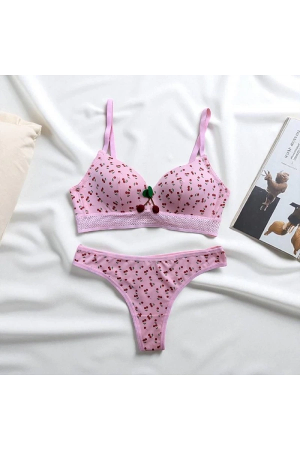 ARONA Kiraz Desenli Desteksiz Sütyen Takımı-Pembe