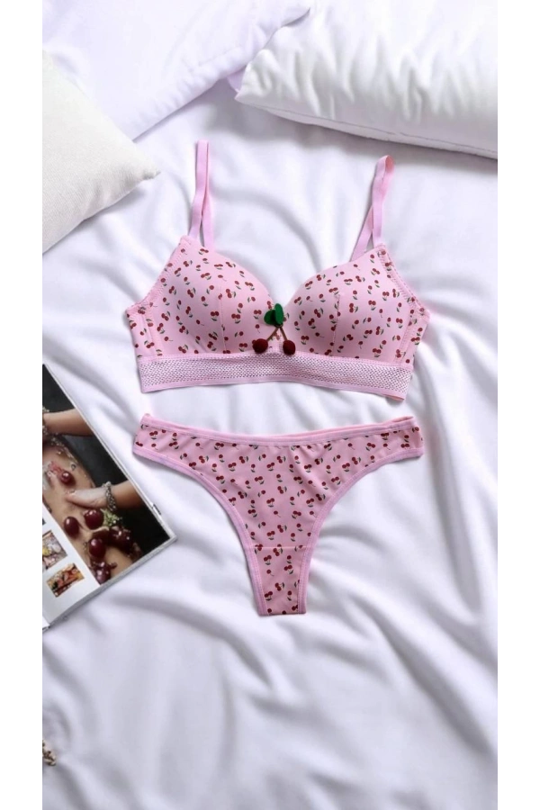 ARONA Kiraz Desenli Desteksiz Sütyen Takımı-Pembe