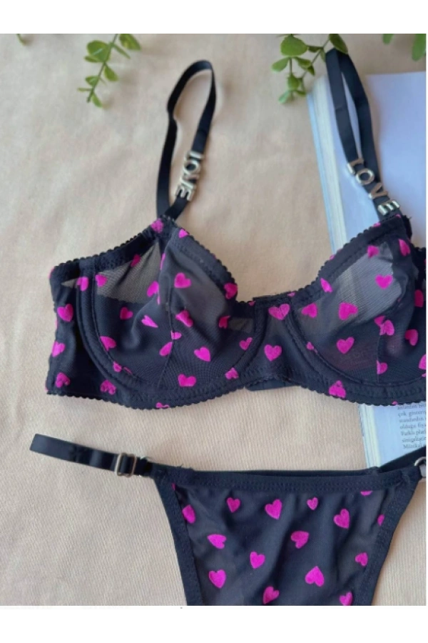 Arona Kadın Love Serisi Kalpli Brode İşlemeli Sütyen Takımı Siyah