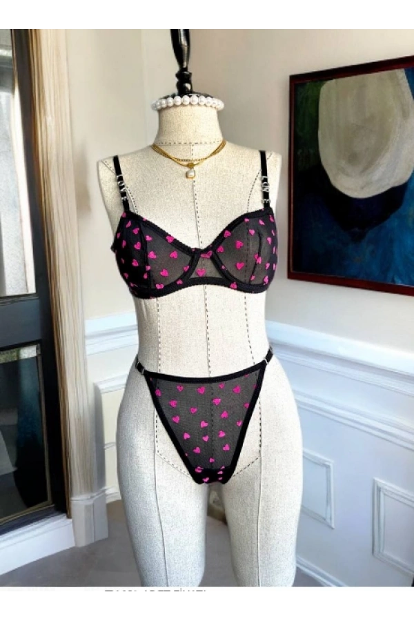 Arona Kadın Love Serisi Kalpli Brode İşlemeli Sütyen Takımı Siyah