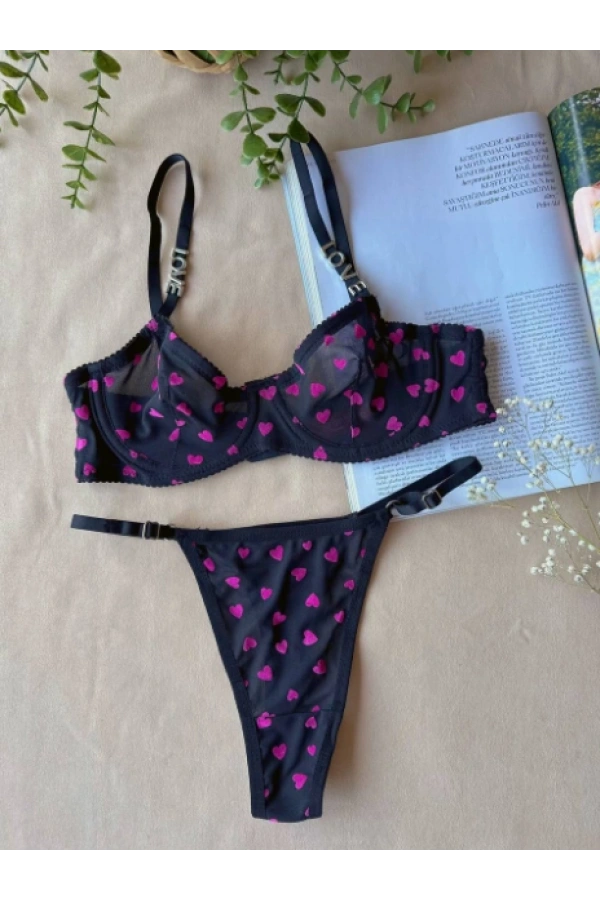 Arona Kadın Love Serisi Kalpli Brode İşlemeli Sütyen Takımı Siyah