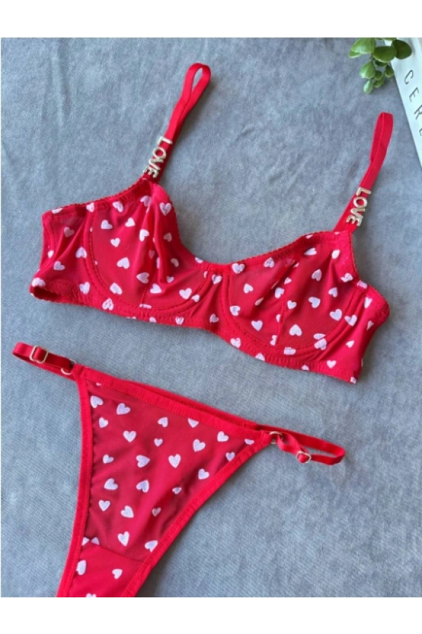 Arona Kadın Love Serisi Kalpli Brode İşlemeli Sütyen Takımı Kırmızı