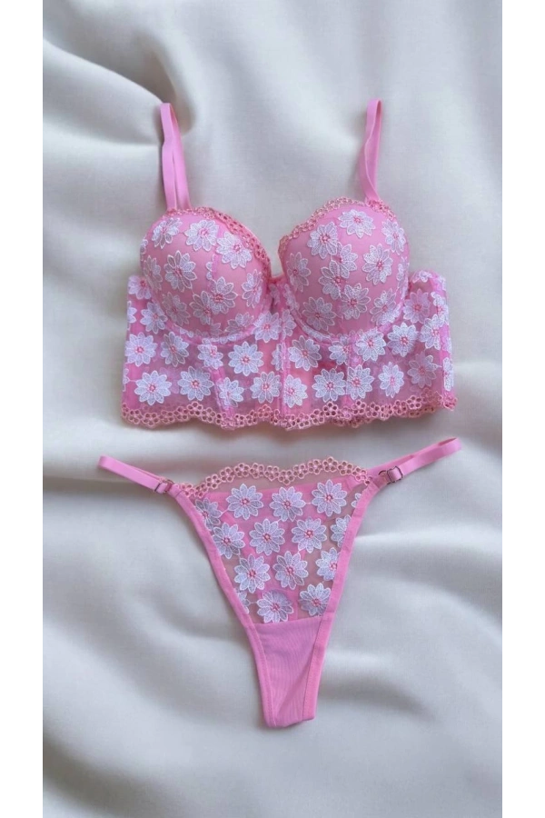 ARONA Papatya Desenli Destekli Büstüyer Takım-Pembe Papatya