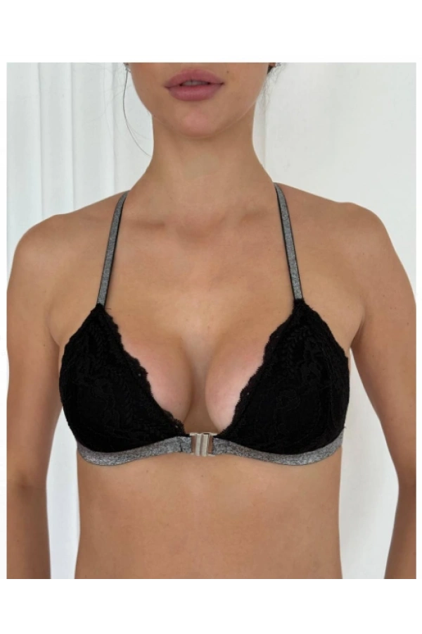 Arona Kadın Simli Kumaş Metal Klips Detaylı Siyah Sütyen