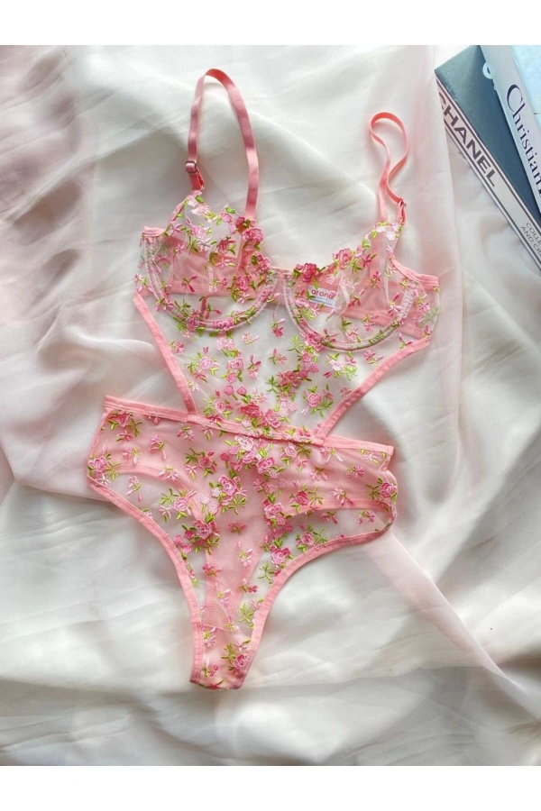 Arona Transparan Çiçek Desenli Bodysuit Pembe-123