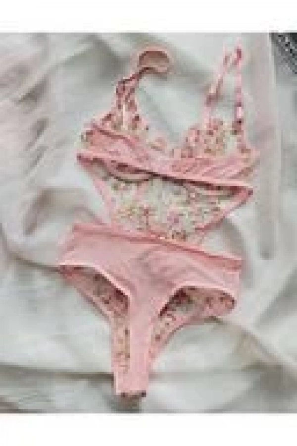 Arona Transparan Çiçek Desenli Bodysuit Pembe-123