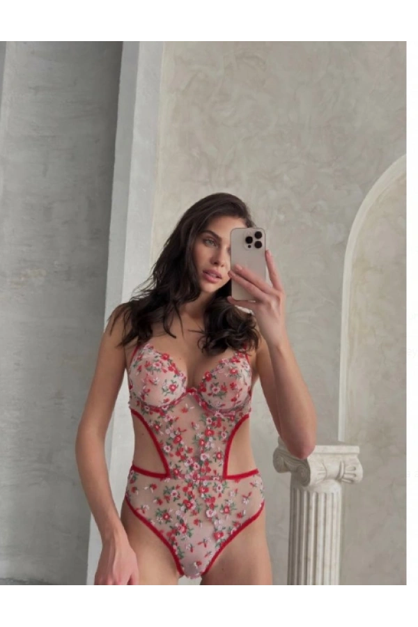 Arona Kadın Çiçek Desenli Transparan Vücuda Oturan Kırmızı Bodysuit - 123