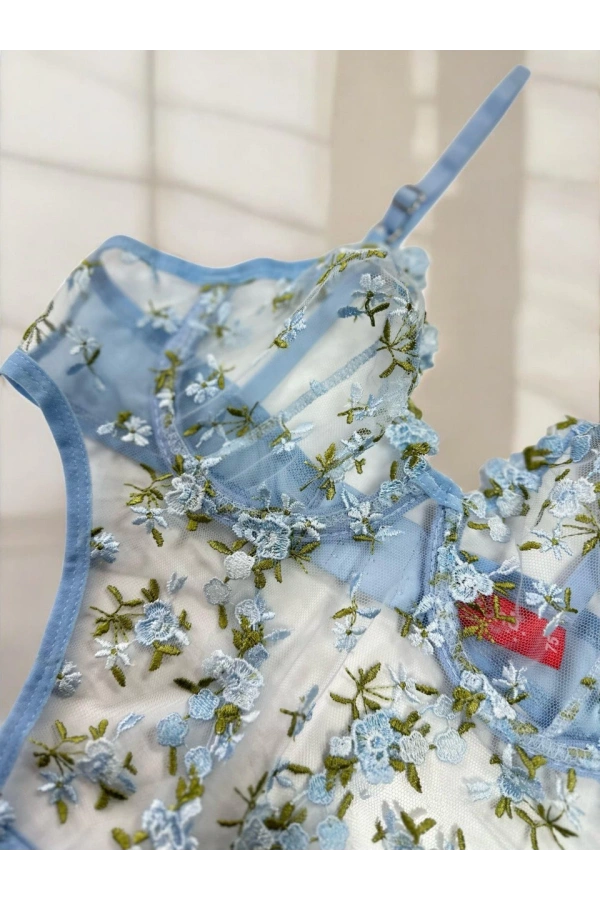 Arona Kadın Çiçek Desenli Transparan Vücuda Oturan Mavi Bodysuit - 123