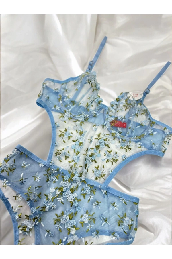 Arona Kadın Çiçek Desenli Transparan Vücuda Oturan Mavi Bodysuit - 123