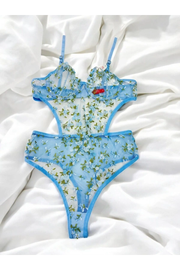 Arona Kadın Çiçek Desenli Transparan Vücuda Oturan Mavi Bodysuit - 123