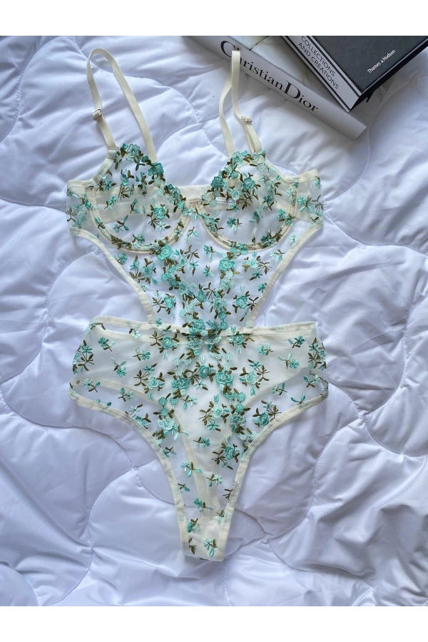ARONA Transparan Çiçekli Desenli Bodysuit - Su Yeşili