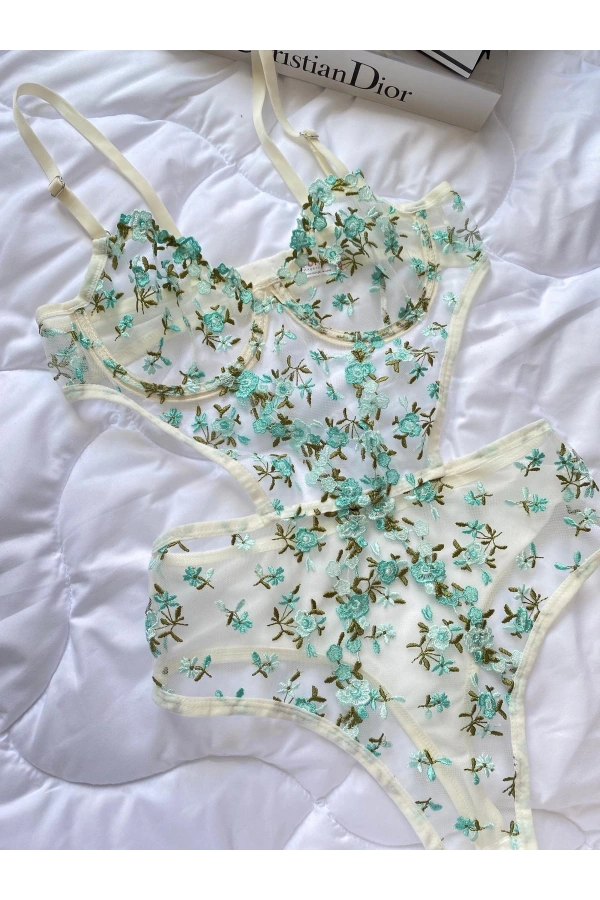 ARONA Transparan Çiçekli Desenli Bodysuit - Su Yeşili