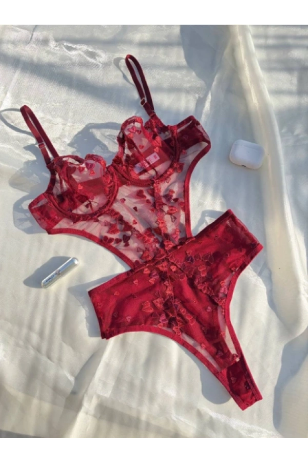 Arona Kadın Transparan Çiçek Desenli Tül Bordo Bodysuit