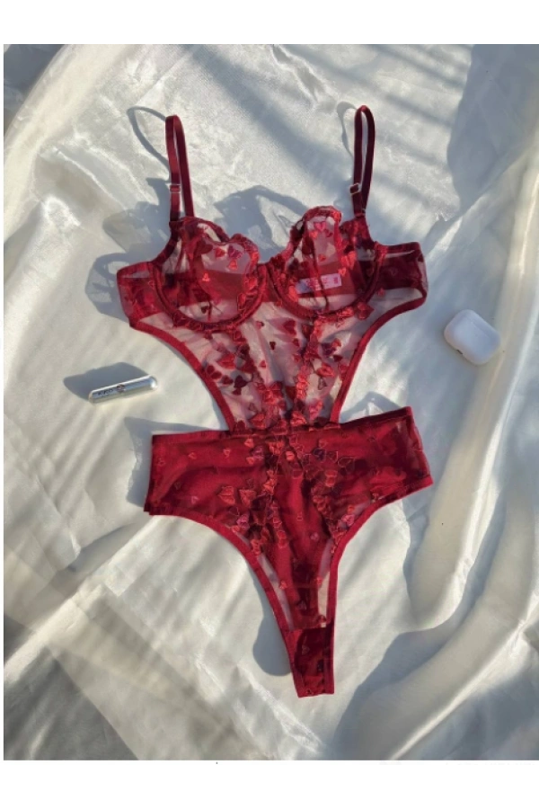 Arona Kadın Transparan Çiçek Desenli Tül Bordo Bodysuit