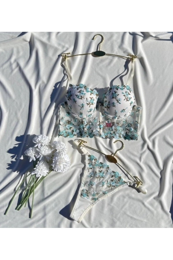 Arona Kadın Destekli Büstiyer Takımı Beyaz Üzeri Yeşil Çiçek Desenli