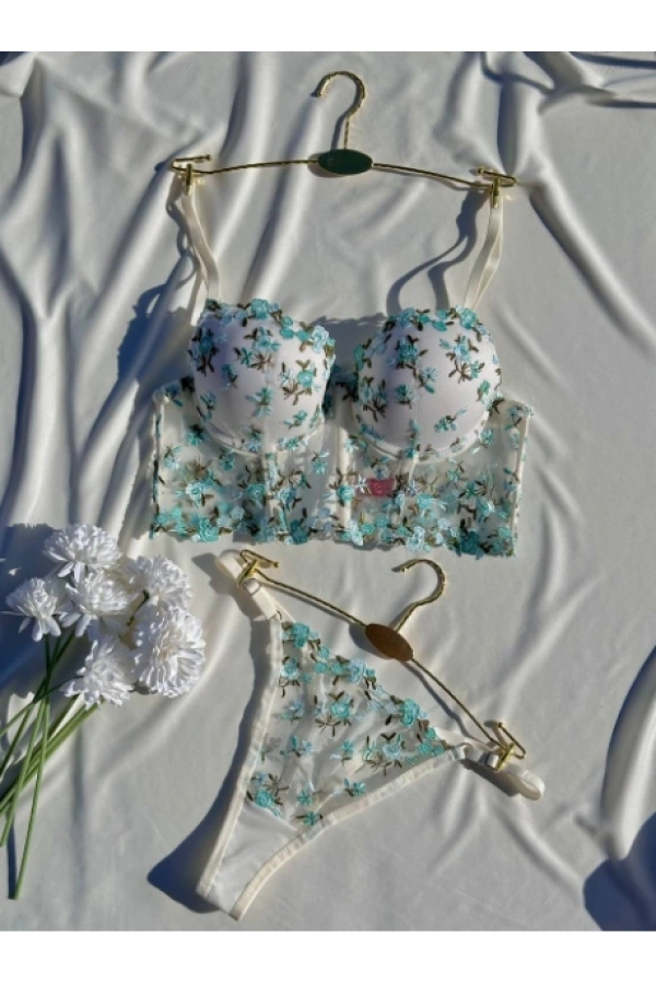 Arona Kadın Destekli Büstiyer Takımı Beyaz Üzeri Yeşil Çiçek Desenli