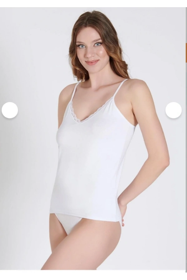 Belinay Kadın İp Askılı Dantel Detaylı V Yaka Beyaz Atlet